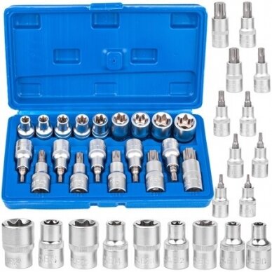 1/2" Galvučių rinkinys E+Torx 19vnt.