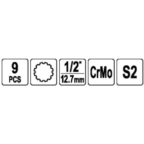 1/2" Galvučių smūginių su antgaliais rinkinys (SPLINE) (9vnt) 2