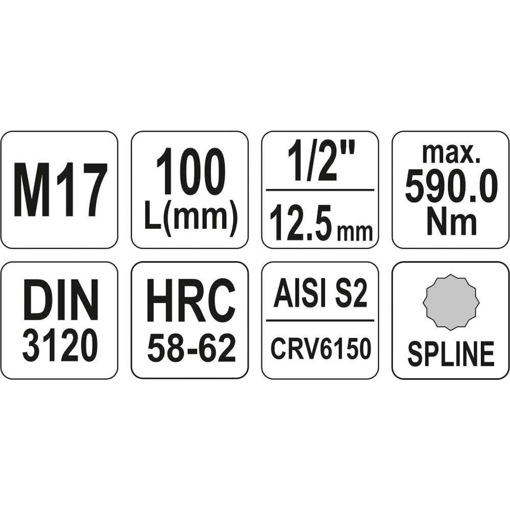 1/2" Galvutė su 100L SPLINE M17 antgaliu (prailginta) 3 1/2" Galvutė su 100L SPLINE M17 antgaliu (prailginta) 3