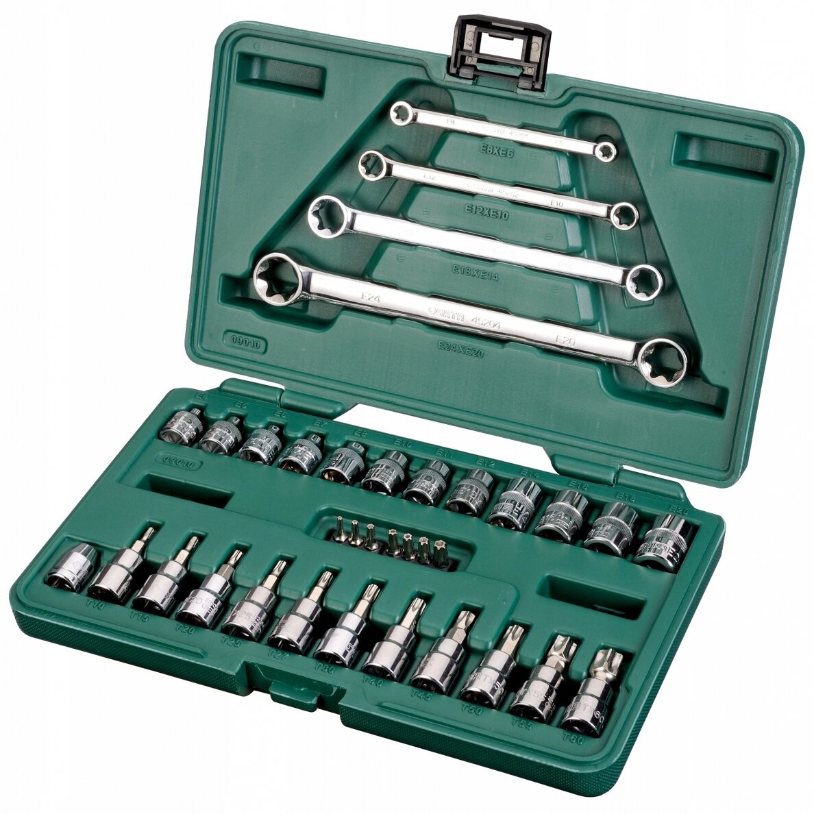 1/4" + 3/8" E-TORX galvučių ir veržliarakčių rinkinys 35vnt. 1/4" + 3/8" E-TORX galvučių ir veržliarakčių rinkinys 35vnt.