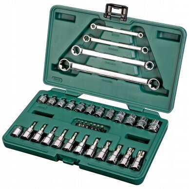 1/4" + 3/8" E-TORX galvučių ir veržliarakčių rinkinys 35vnt. 1/4" + 3/8" E-TORX galvučių ir veržliarakčių rinkinys 35vnt.