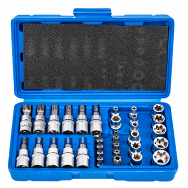Galvučių su antgaliais rinkinys E +Torx 3/8" 34vnt.