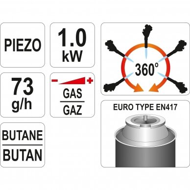 Dujinis degiklis su pjezo uždegimu 1000°C 360° 2 Dujinis degiklis su pjezo uždegimu 1000°C 360° 2