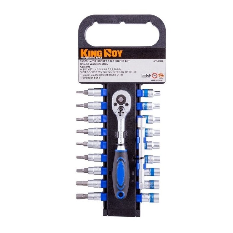 Galvučių ir galvučių su antgaliais TORX. HEX rinkinys 1/4" (20vnt) Galvučių ir galvučių su antgaliais TORX. HEX rinkinys 1/4" (20vnt)