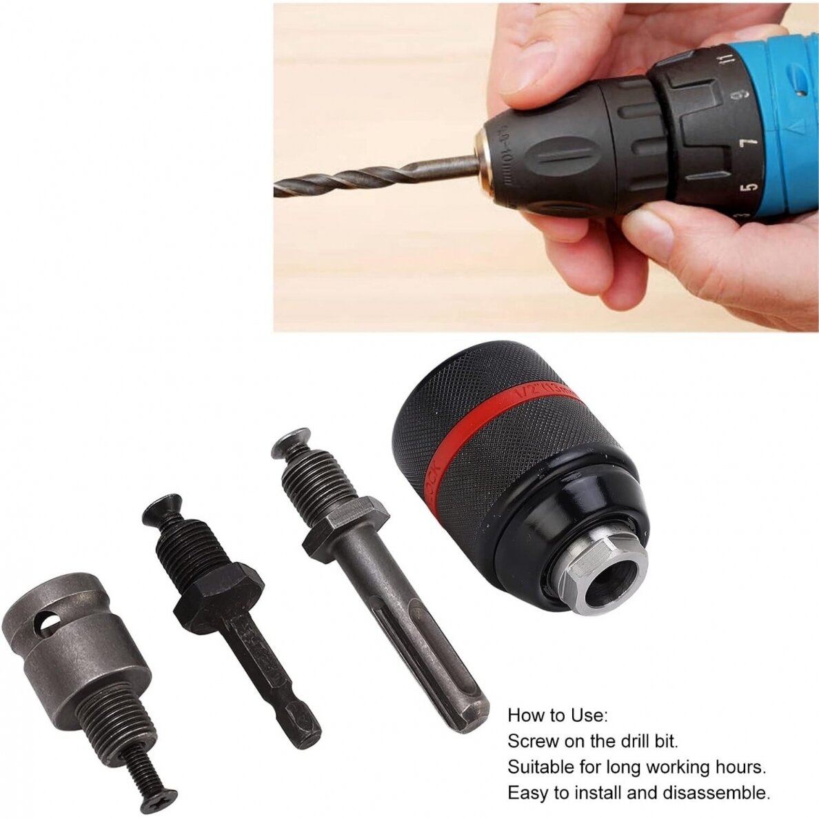 Griebtuvas gręžtuvui 1/2'' Ø2-13mm su adapteriais 4vnt. 3 Griebtuvas gręžtuvui 1/2'' Ø2-13mm su adapteriais 4vnt. 3
