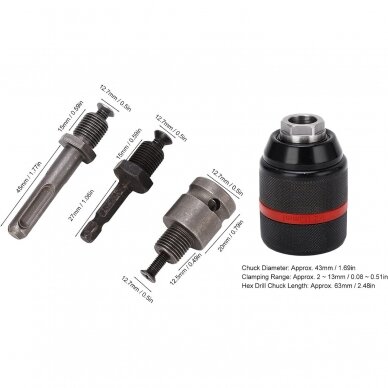 Griebtuvas gręžtuvui 1/2'' Ø2-13mm su adapteriais 4vnt. 2 Griebtuvas gręžtuvui 1/2'' Ø2-13mm su adapteriais 4vnt. 2