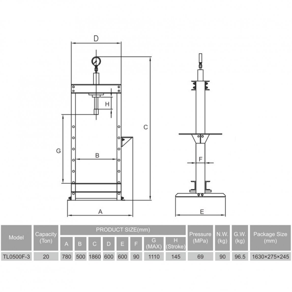 Hidraulinis presas su manometru 20t, kojinis 1 Hidraulinis presas su manometru 20t, kojinis 1