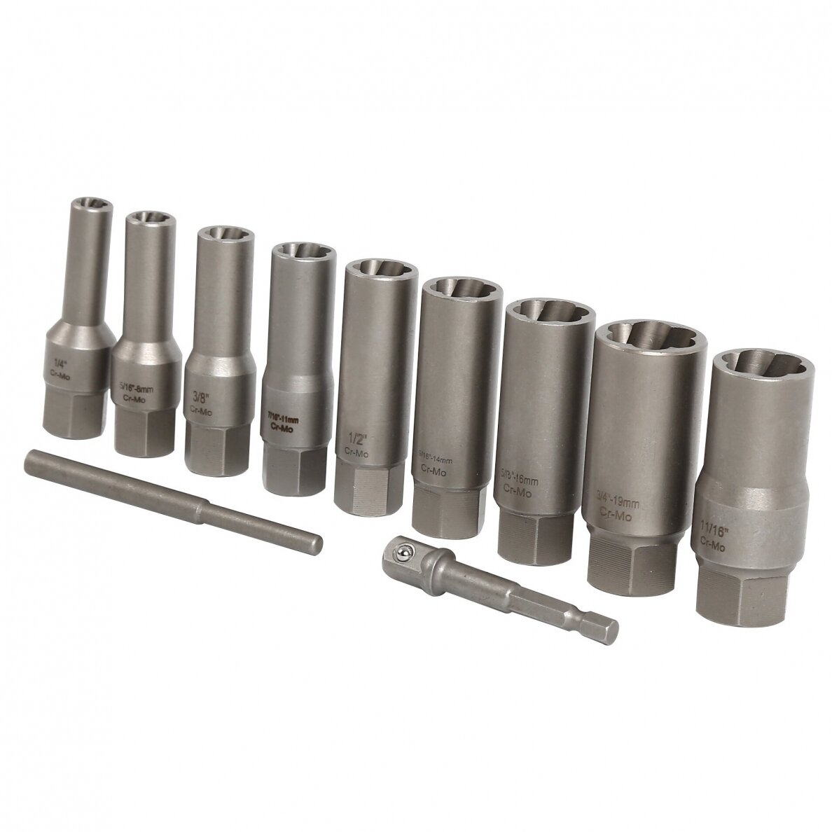 Pažeistų veržlių atsukėjų 3/8'' rinkinys 11vnt. (6-19mm) 1 Pažeistų veržlių atsukėjų 3/8'' rinkinys 11vnt. (6-19mm) 1