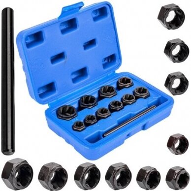Pažeistų veržlių atsukėjų rinkinys (10vnt)(9-19mm) Pažeistų veržlių atsukėjų rinkinys (10vnt)(9-19mm)