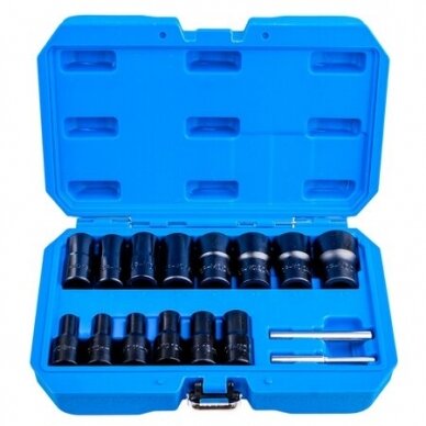Pažeistų veržlių atsukėjų rinkinys 16vnt. 1/2" 8-27mm 1 Pažeistų veržlių atsukėjų rinkinys 16vnt. 1/2" 8-27mm 1