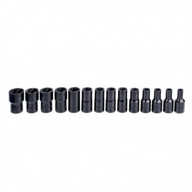 Pažeistų veržlių atsukėjų rinkinys 16vnt. 1/2" 8-27mm 3 Pažeistų veržlių atsukėjų rinkinys 16vnt. 1/2" 8-27mm 3