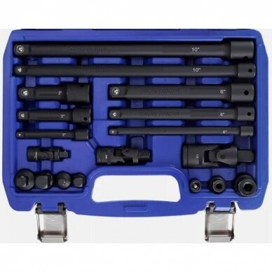 Smūginių prailgintojų ir adapterių rinkinys 1/4"+3/8"+1/2" 18vnt. Smūginių prailgintojų ir adapterių rinkinys 1/4"+3/8"+1/2" 18vnt.