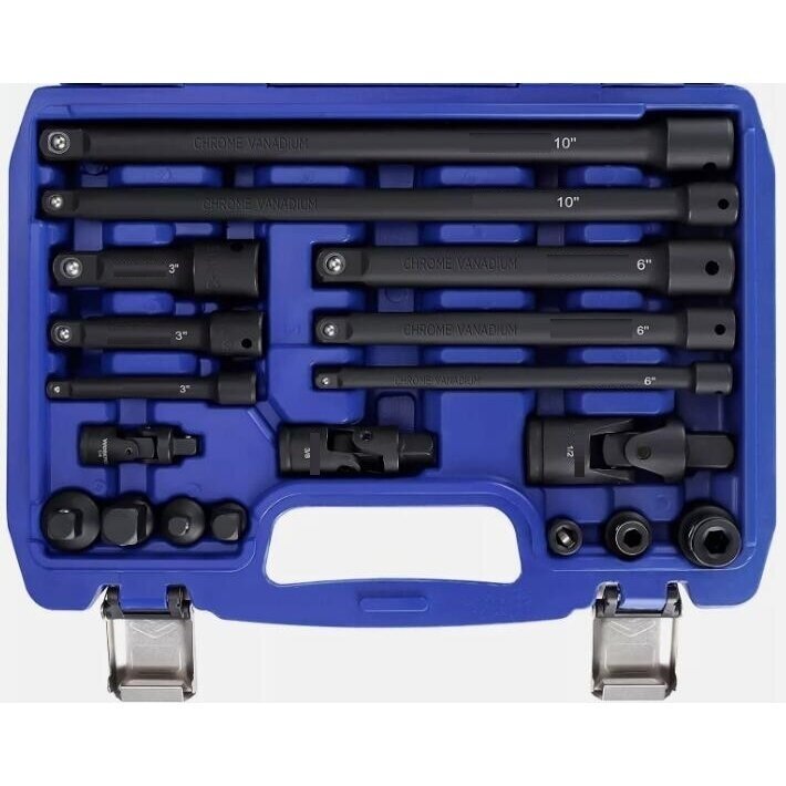 Smūginių prailgintojų ir adapterių rinkinys 1/4"+3/8"+1/2" 18vnt. Smūginių prailgintojų ir adapterių rinkinys 1/4"+3/8"+1/2" 18vnt.