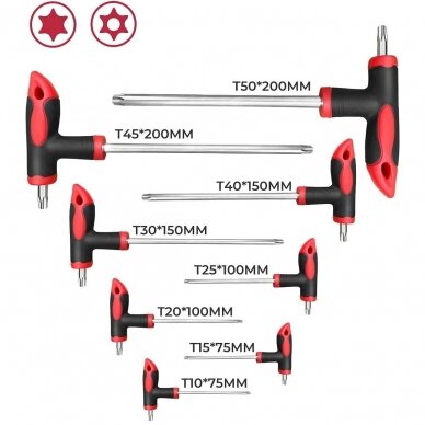 T-tipo šešiakampių raktų rinkinys TORX ir HEX (apvalia galvute) 16vnt. 3 T-tipo šešiakampių raktų rinkinys TORX ir HEX (apvalia galvute) 16vnt. 3